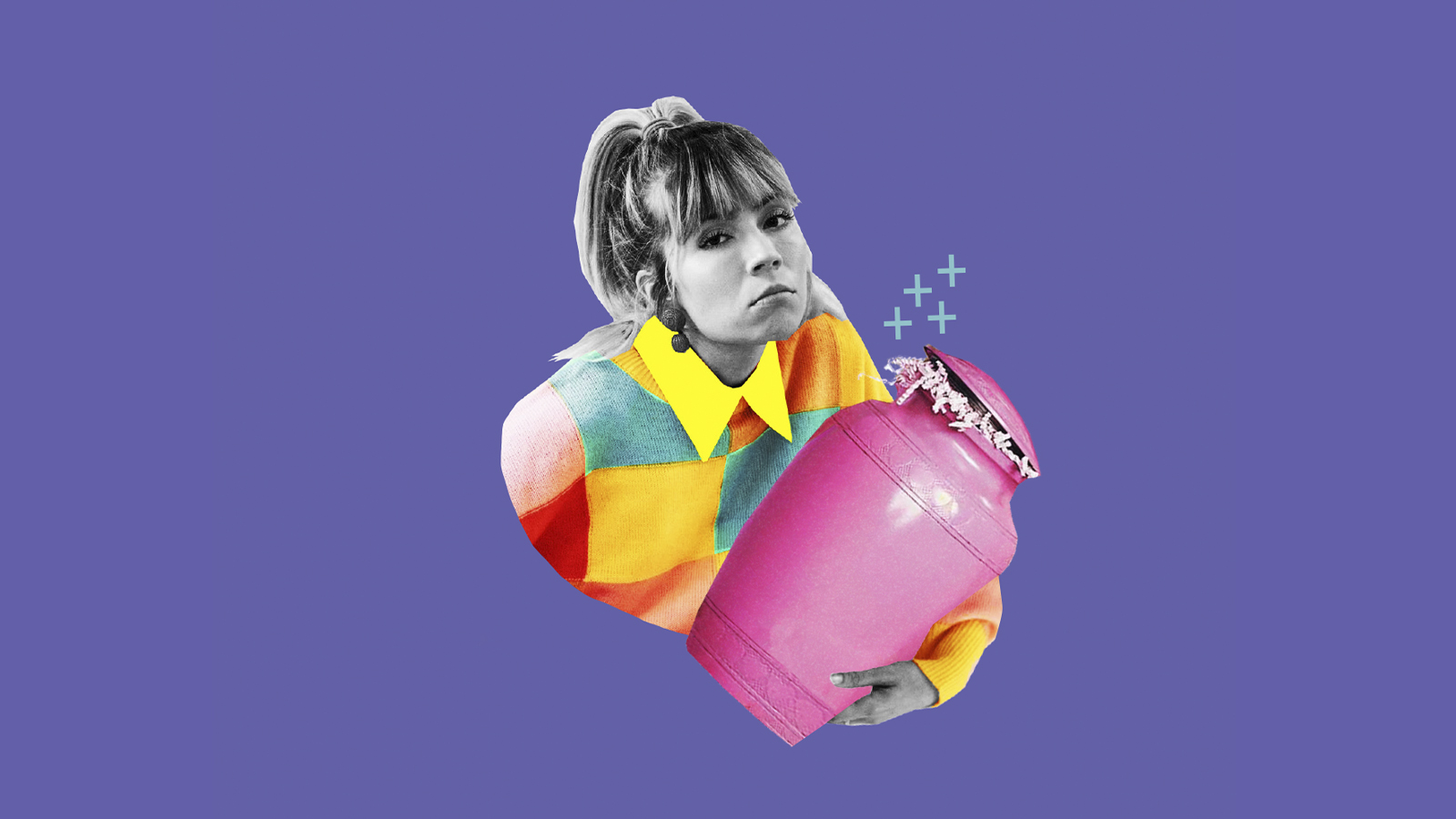 An animated woman wearing a multi-colour top holding a big jar.