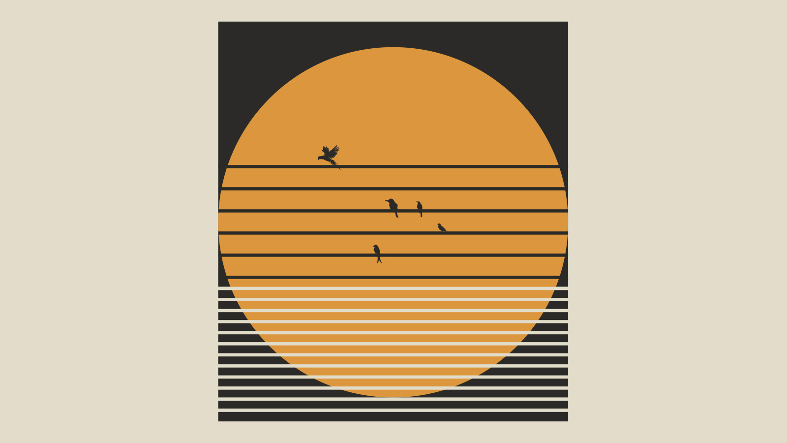 An orange circle on a black rectangle with black horizontal wires across the center and silhouette of 5 birds sitting on the wires.