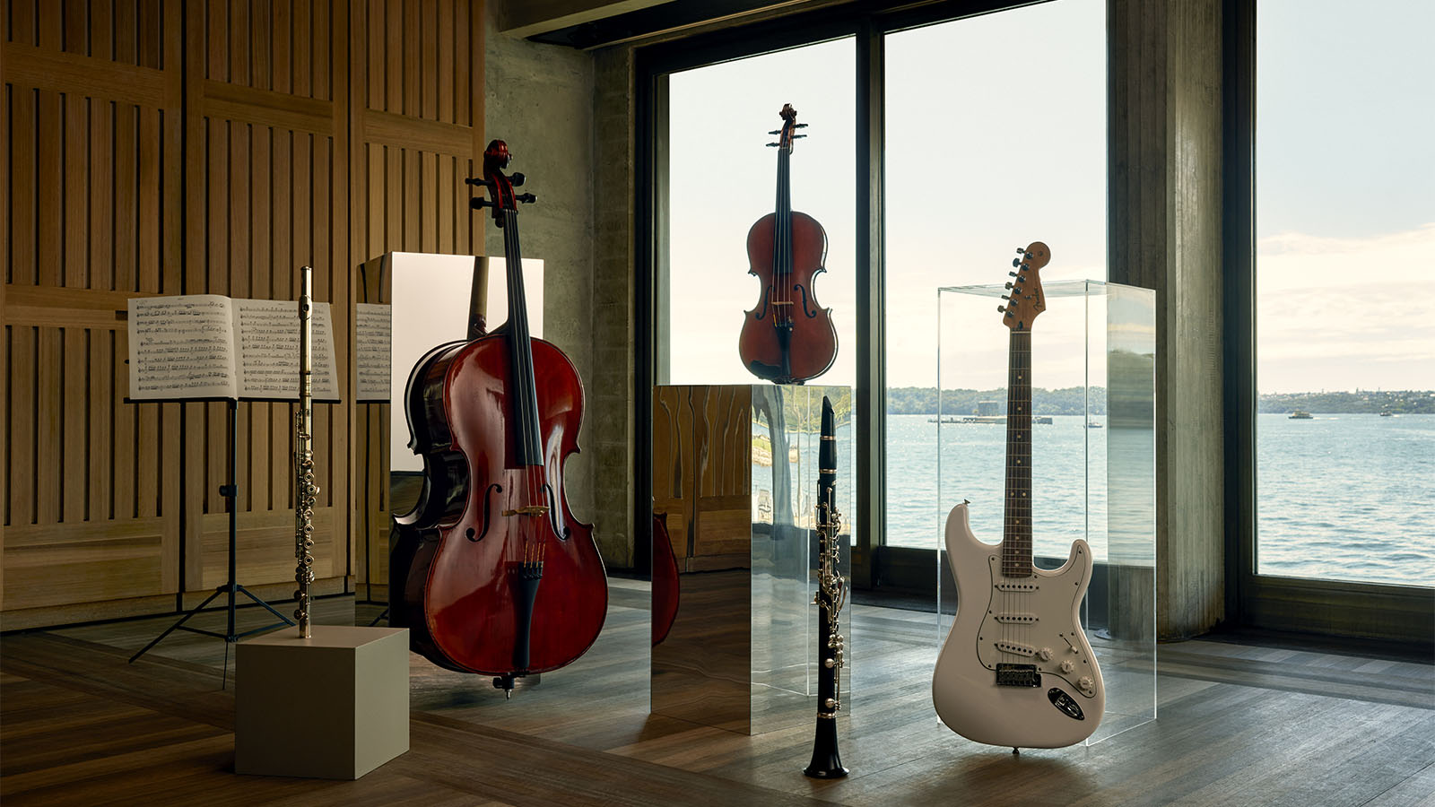 Three string instruments and two flutes showcased in Utzon's room.
