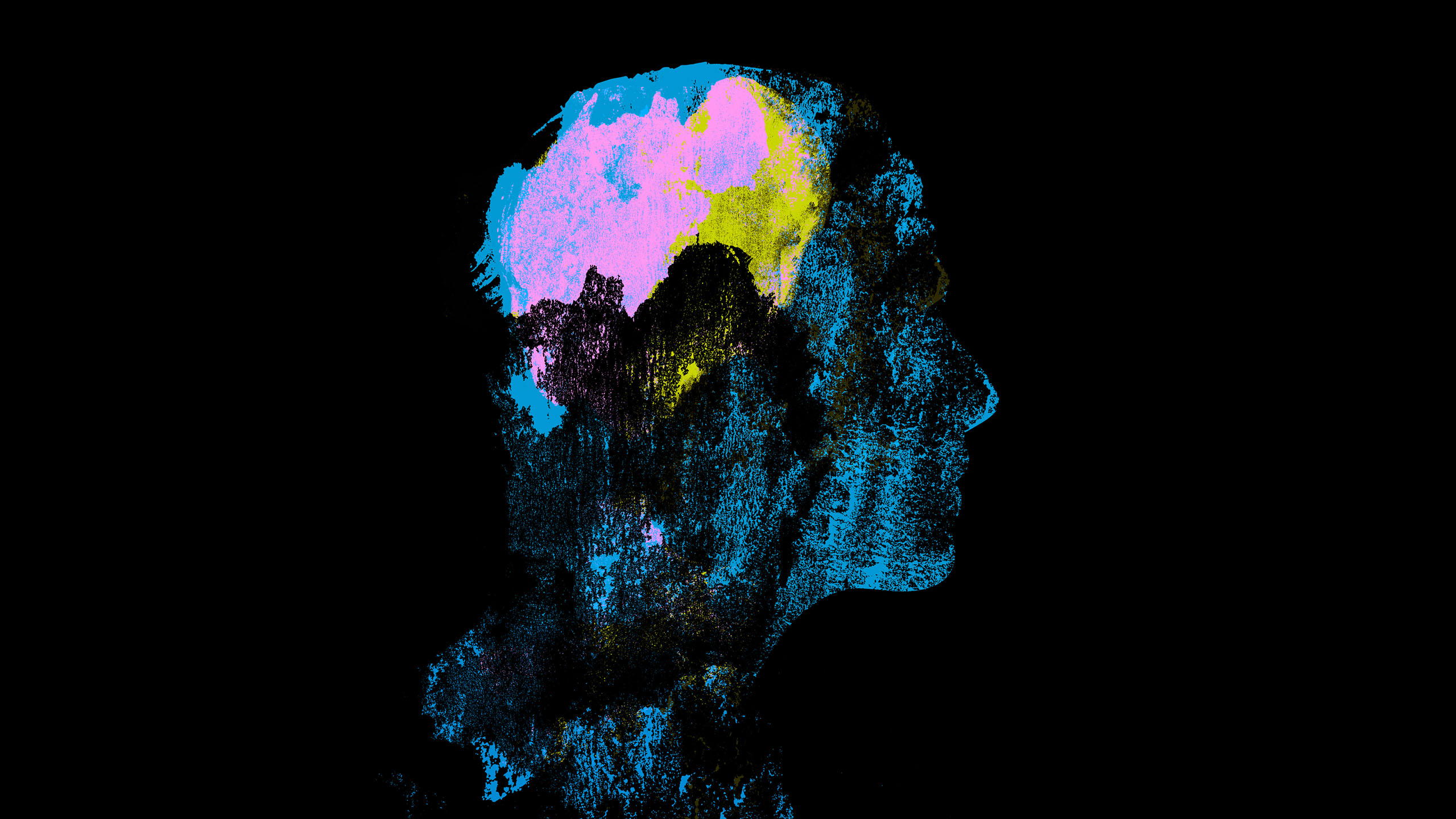 An abstract painting of a human head side profile, the brain is lit up in colour.