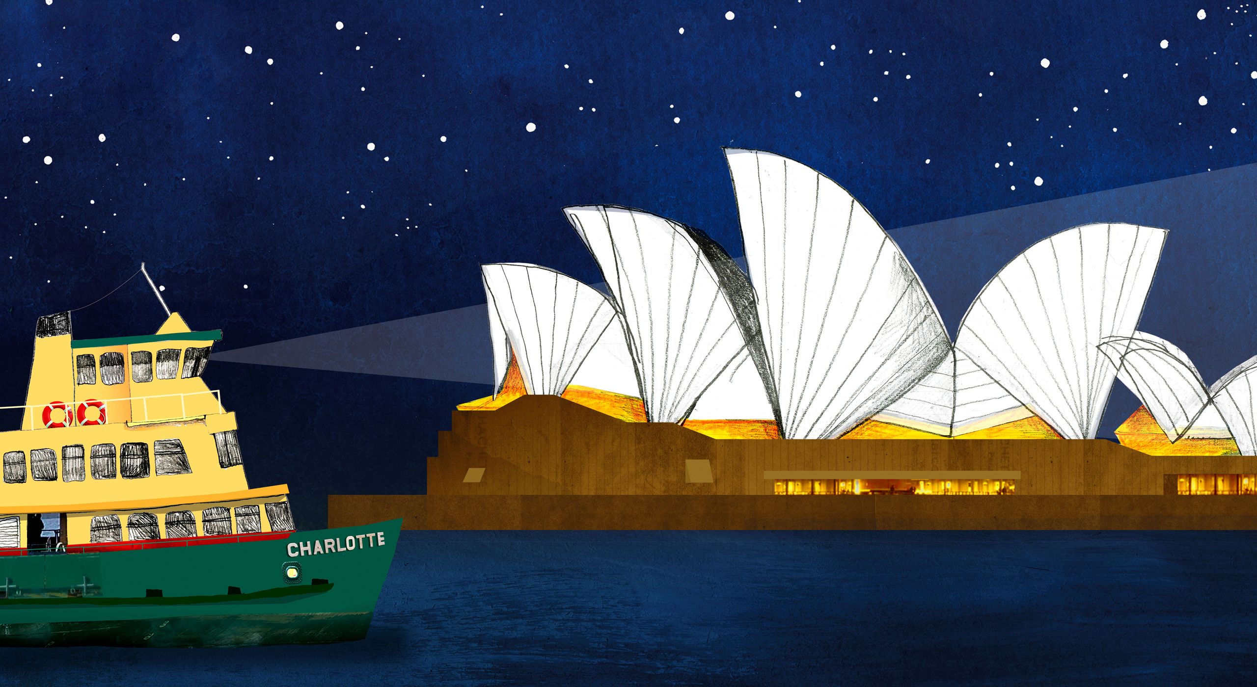 An illustration of a Manly ferry and the Sydney Opera House