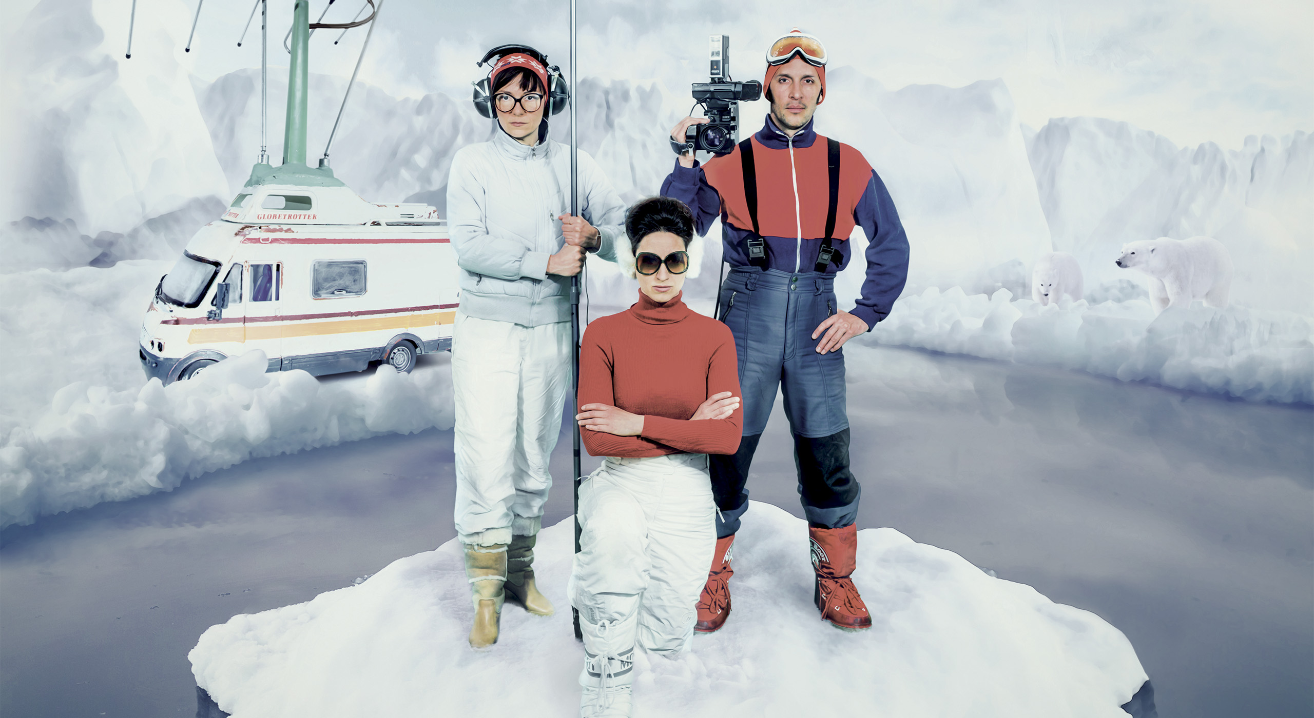 Three news reporters on a broken iceberg floating off to sea