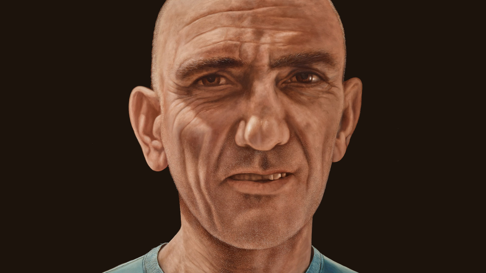 A painting of a man with no hair and blue top facing forward.