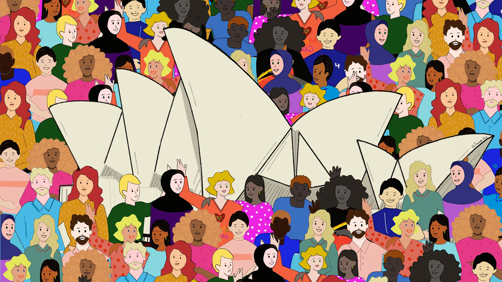 An animation of Sydney opera house with diverse people around it.