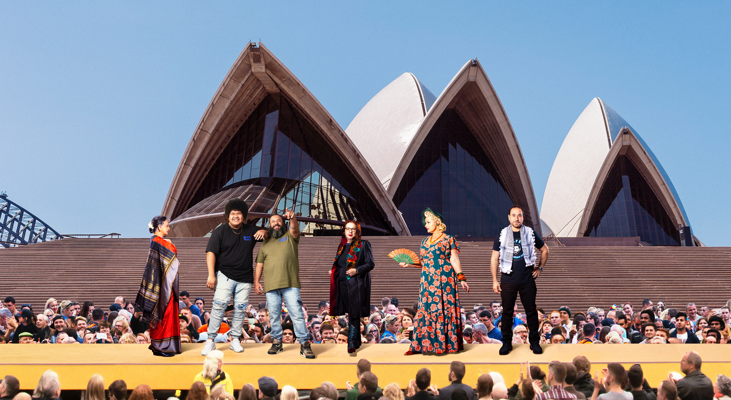 Three men and three women from different backgrounds stand on a yellow platform in front of the Sydney Opera House sails in front of an audience.