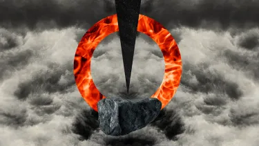 graphic showing a firey circle with a sharp dagger pointing towards a stone superimposed over gloomy clouds