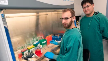 Dr Hon Weng Chong (Cortical Labs CEO) and Dr Brett Kagan (Cortical Labs CSO) stand in teal lab coats in a science laboratory with an array of test tubes and microbes grown in dishes.