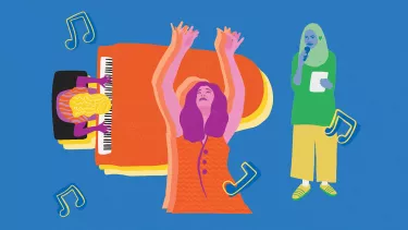 Three animated women playing piano, singing and dancing.