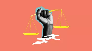 An animated hand holding the scale of justice.