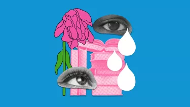 A collage of images featuring two crying eyes, a pile of books and a wilting flower.