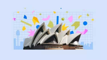 On a light blue background, a cut out of the Sydney Opera House is surrounded by colourful shapes exploding out of it.