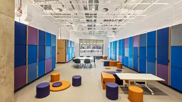 The Centre of creativity with colourful stools and lockers.