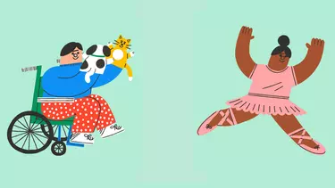 An illustration of a girl in a wheelchair playing with a dog and a cat puppet, and a ballerina leaping.