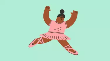 An illustration of a girl wearing a pink tutu, skirt and ballet shoes with ribbons against a light green background.