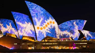 Projecting a blue pattern on the sails of Sydney opera house.