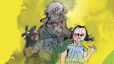 An illustration of a bearded man with stink clouds and a young girl waving