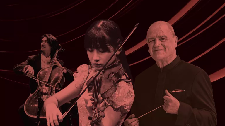 A Singaporean man and woman play the cello and violin respectively next to an older white man holding a conductor's baton, all basked in a red light filter.