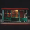 A man in a thick coat leans against an empty bus stop at night.