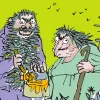 Two cartoon characters stand together. One wears a purple outfit and holds a paintbrush dipped in yellow paint; the other wears green, leans on a cane, and has messy hair. The background is bright green.
