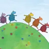An illustration of five coloured sheep holding hands and skipping through a field.