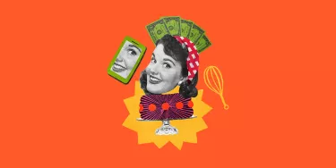 A bright coloured collage. The head of a woman smiling sits on top of a cake surrounded by money and a smart phone.