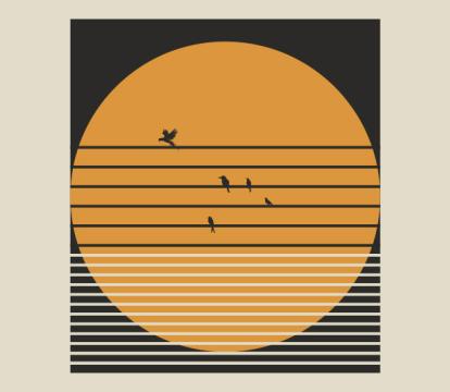 An orange circle on a black rectangle with black horizontal wires across the center and silhouette of 5 birds sitting on the wires.
