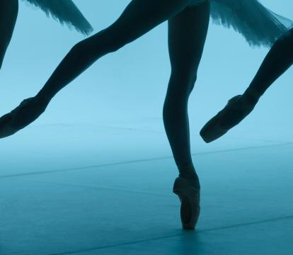 Three ballerinas seen from the waist down in silhouette wear tutus with one leg pointed behind them.