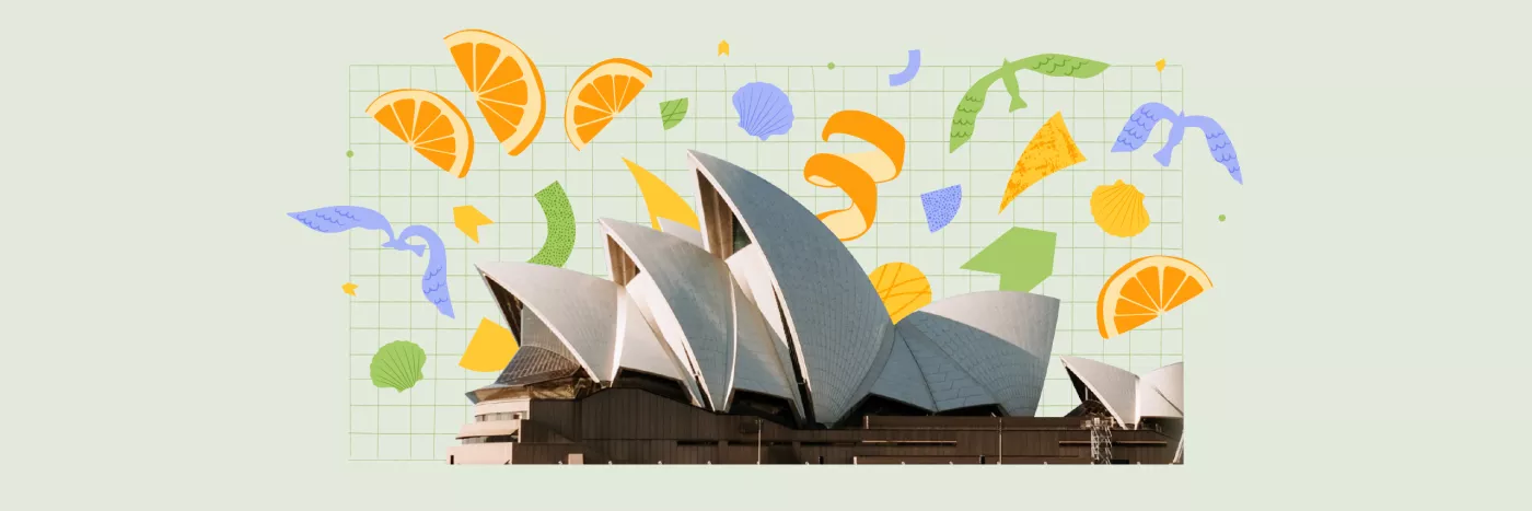 The Sydney Opera House sits on a light green background. Shapes explode out around it including orange peels, birds and shells.