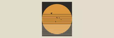 An orange circle on a black rectangle with black horizontal wires across the center and silhouette of 5 birds sitting on the wires.