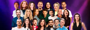 21 comedians of all different genres and backgrounds pose behind Melanie Bracewell, a white woman with brown medium length hair wearing a black V-neck top. The background is purple.